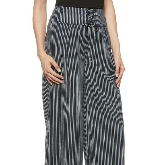 NWT PAIGE CHARISMA NAVY STRIPE WIDE LEG PANTS 10 - Picture 4 of 14